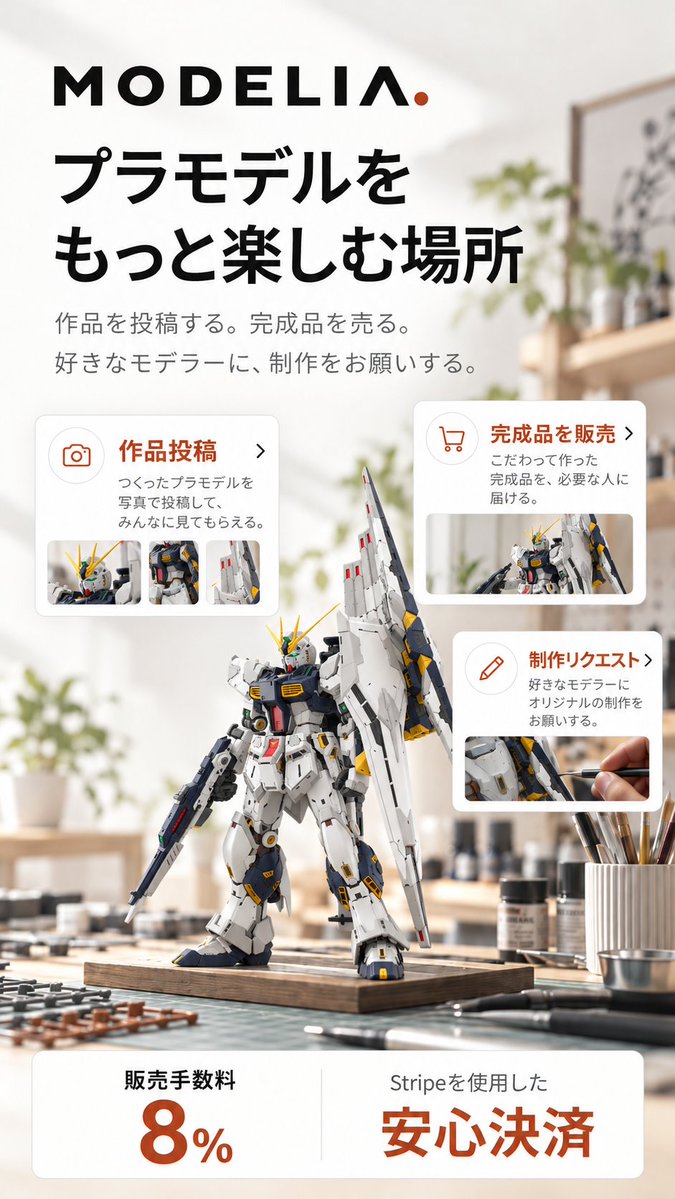yojihan_inc's tweet photo. 作ったガンプラ、完成したあとどうしていますか？

飾る？
SNSに投稿する？
それとも売ってみたい？

MODELIAは、
・作品を投稿する
・完成品を販売する
・好きなモデラーに制作をお願いする
ができるサービスです。

販売手数料は8%。
「作って終わり」にしない場所を作っています。

#ガンプラ https://t.co/FsS1qGTAdM