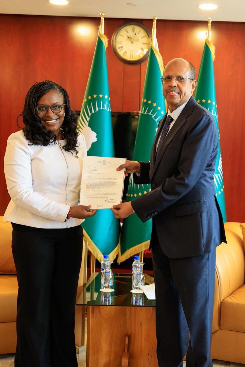 _AfricanUnion's tweet photo. The Chairperson of the African Union (AU) Commission, H.E. Mahmoud Ali Youssouf this morning received the credentials of H.E. Amb. Annika Alman as Ambassador of #Canada to the AU.

The visit also presented the opportunity to discuss strengthening AU–Canada cooperation, aligning shared priorities & advancing sustainable development.

Key areas included domestic resource mobilisation, access to capital, industrialisation & value addition, regional integration through the African Continental Free Trade Area (AfCFTA), & leveraging the African diaspora to boost trade and investment.

The Chairperson @ymahmoudali underscored Africa’s commitment to financing its own development, transforming raw materials into value-added products, creating jobs & strengthening the continent’s role in the global economy. He also highlighted the importance of girls’ education, women’s empowerment and skills transfer.

Amb. Alman reaffirmed Canada’s commitment to supporting an enabling business environment, regional economic integration & investment-led growth. She congratulated the Chairperson on the launch of the Africa Credit Rating Agency in Mauritius last week.

The Chairperson & Amb. Alman underscored the importance of a strengthened, mutually beneficial partnership that advances Africa’s development priorities in line with AU Agenda 2063.

Read @ https://t.co/InJ7UuvKfu
