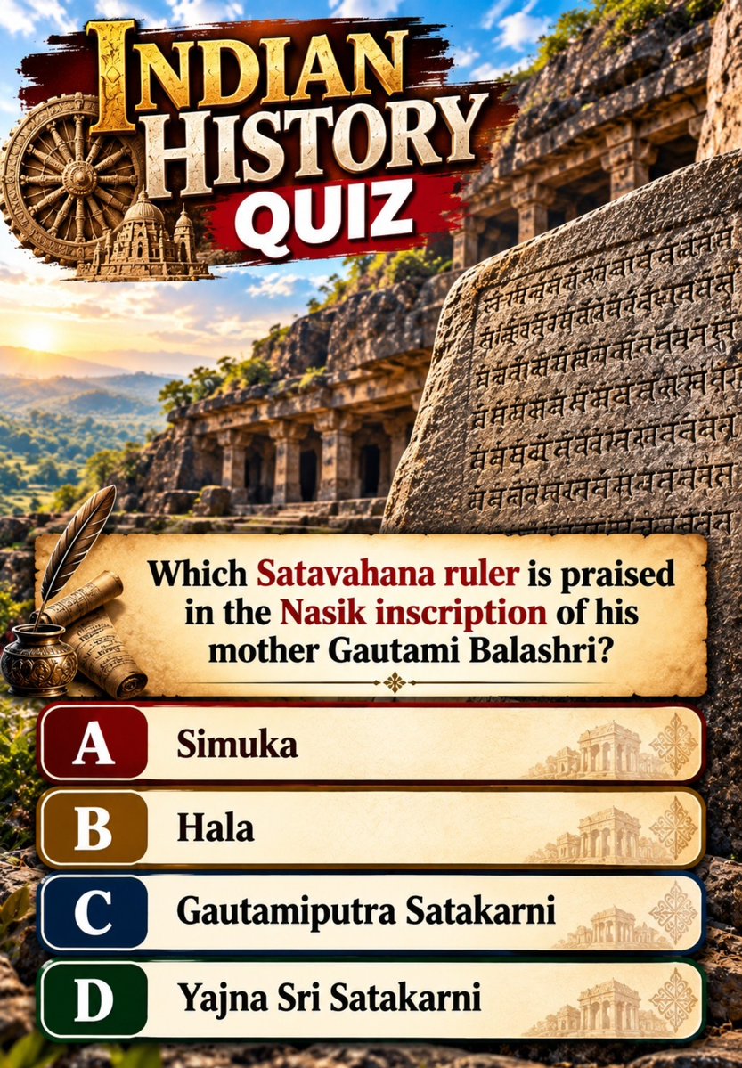 cematerial's tweet photo. Indian History Quiz:

Which Satavahana ruler is praised in the Nasik inscription of his mother Gautami Balashri?

#indianhistory  #UPSC #SSC #RRB #CompetitiveExams #BPSC https://t.co/1y85h3dCoy