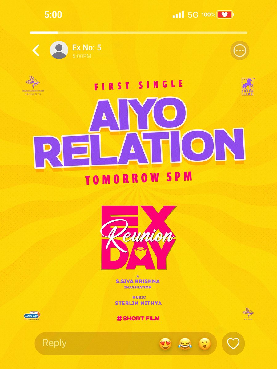 DreamWarriorpic's tweet photo. A peppy new vibe is on its way! 🎶🔥

Presenting the #AiyoRelation song from #ExReunionDay, releasing tomorrow at 5 PM. ❤️‍🔥

@s_siva_krishna @prabhu_sr @ananthnag24 @MikeAndMuscle @RKG_actor @misha_ghoshal @sterlinnithya @ilasri @ramprakash7cine @samvishal0928 @sireeshabh @ColoristRagavan @lightson_media @Soundvibestudio @SukraFilms #DWPShortFilms #DWPMusic
