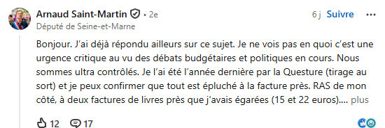 TransparenceCit's tweet photo. Nous avons reçu sur Linkedin une réponse de @ArSaint_Martin sur notre projet de loi pour la publication des notes de frais des parlementaires.

Évidemment, cette réponse ne nous convient pas.

Contrairement à ce qu'il pense, il y a selon nous urgence à faire appliquer la transparence vu la situation du pays et l'extrême méfiance des citoyens envers les élus.

Cette transparence est un droit fondamental et devrait normalement déjà s'appliquer. C'est la situation actuelle qui est une anomalie.

Merci de rester courtois dans les commentaires car ce député est l'un des deux seuls à nous avoir répondu respectueusement.