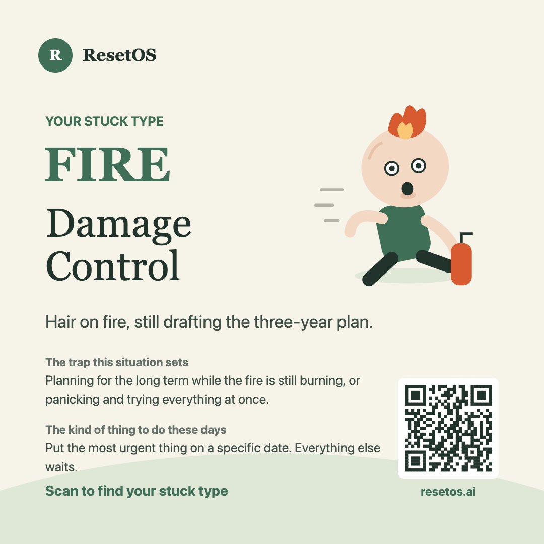 Rubyzhanggkhv's tweet photo. hi, i'm Ruby. i built ResetOS on my own, with AI tools.

it does one thing: when life feels stuck and you don't know what to do next, it gives you one thing to do today.

2 minutes, no sign-up. it also tells you which of 7 ways you're stuck.

i took it myself. i got "FIRE" 👇

https://t.co/lHFqFtfya0