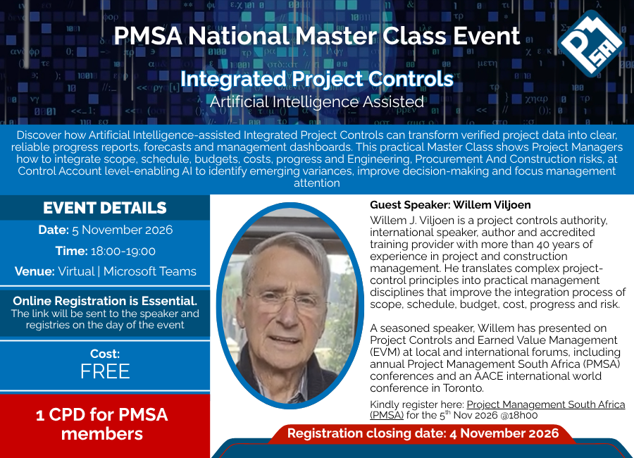ProjectManageSA's tweet photo. 🤖 Discover AI-assisted Integrated Project Controls with Willem Viljoen.  

📅 5 Nov | 18:00–19:00 
💻 FREE Virtual Master Class 
🎓 1 CPD for PMSA members  

Register: https://t.co/F86Nu8BW59 

#PMSA #ProjectManagement #AI https://t.co/2gTgoCdvXy