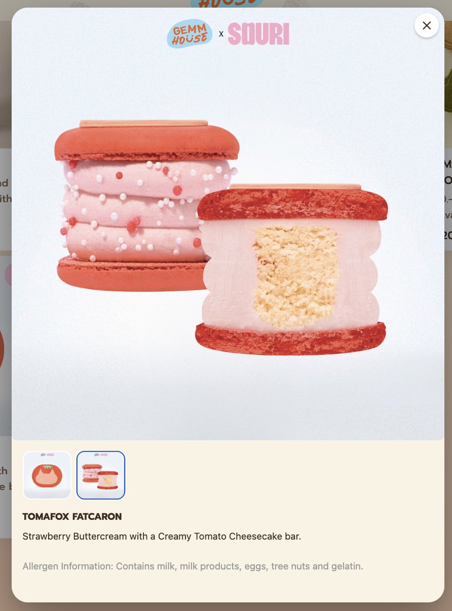 forceofficial_'s tweet photo. GEMM HOUSE x SOURI 💖✨

#GEMMHOUSExSOURI
#GEMMHOUSE #TOMAFOX

🍅 Tomafox Fatcaron

Strawberry Buttercream with a Creamy Tomato Cheesecake bar.

Allergen Information: Contains milk, milk products, eggs, tree nuts and gelatin.