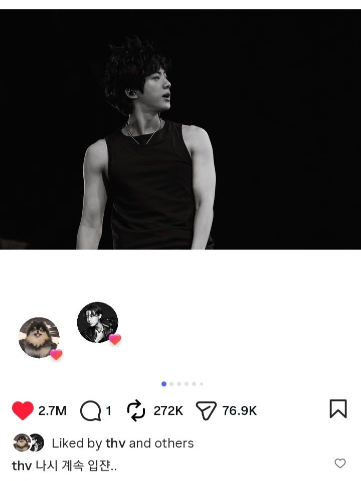 rorovj's tweet photo. Tae commented on Jin's recent post 
🐻 : Keep talking to me

what are they doing rn??😭 https://t.co/Vr32fPhvtM
