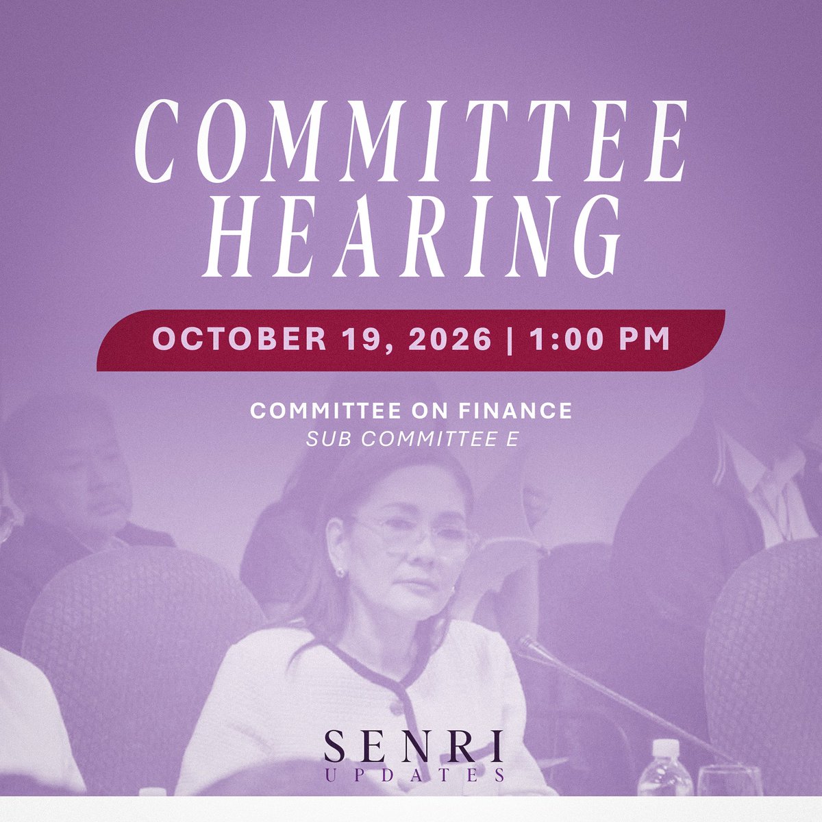 SenRiUpdates's tweet photo. COMMITTEE SCHEDULE:

October 19, 2026 | 1:00 PM

Agenda:
- FY 2027 Proposed Budget of the Department of Environment and Natural Resources and attached agencies and corporations https://t.co/vrq5hWShfO