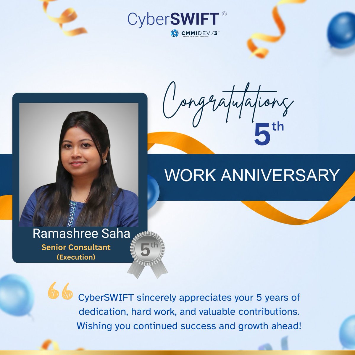 meetcyberswift's tweet photo. Today, we proudly celebrate ๐ฅ๐ฎ๐บ๐ฎ๐๐ต๐ฟ๐ฒ๐ฒ ๐ฆ๐ฎ๐ต๐ฎ, ๐๐ฆ๐ฏ๐ช๐ฐ๐ณ ๐๐ฐ๐ฏ๐ด๐ถ๐ญ๐ต๐ข๐ฏ๐ต (๐๐น๐ฆ๐ค๐ถ๐ต๐ช๐ฐ๐ฏ), on completing five remarkable years with CyberSWIFT.
#CyberSWIFT #WorkAnniversary #5YearsAtCyberSWIFT #EmployeeRecognition #TeamCyberSWIFT #EmployeeMilestone https://t.co/cbDLQNXDQp