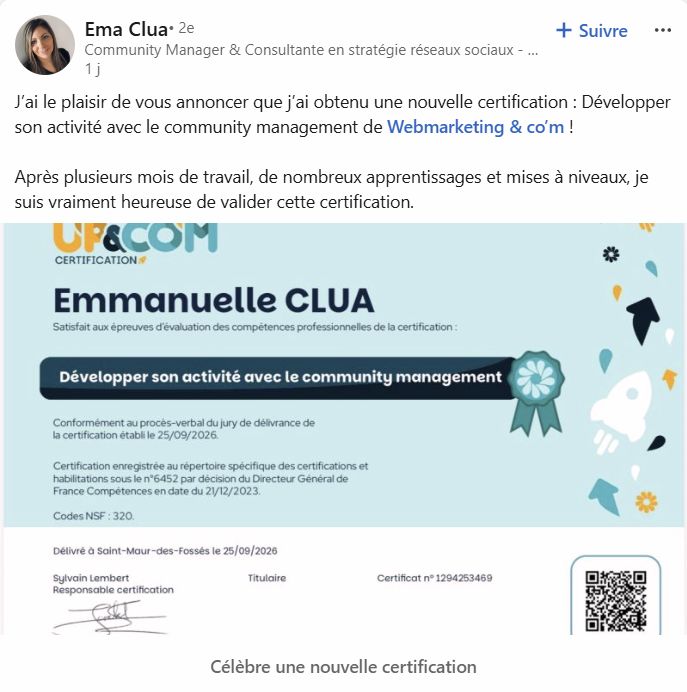 WebmarketingCOM's tweet photo. Félicitations à Ema Clua pour cette nouvelle certification 🎉
Pour découvrir la formation certifiante ➡️ https://t.co/2VyGaAtEWp
Vous êtes organisme de formation et souhaitez préparer à notre certification ? Cliquez ici ➡️ https://t.co/I918kXt4zn
#Formation #CM #CPF https://t.co/bOvXrzKy5q