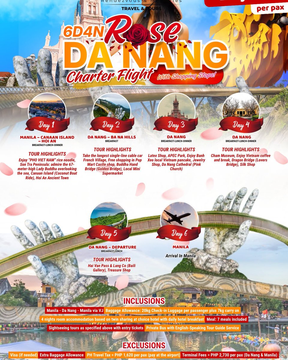 ae22ae's tweet photo. Fly direct to Da Nang from ₱27, 999 per person. Enjoy a 6D4N getaway with flights, hotel, meals, tours, baggage, and an English-speaking guide. Explore Golden Bridge, Ba Na Hills, Hoi An, Hai Van Pass, and more. Limited charter slots available. https://t.co/LS1G9nNOas