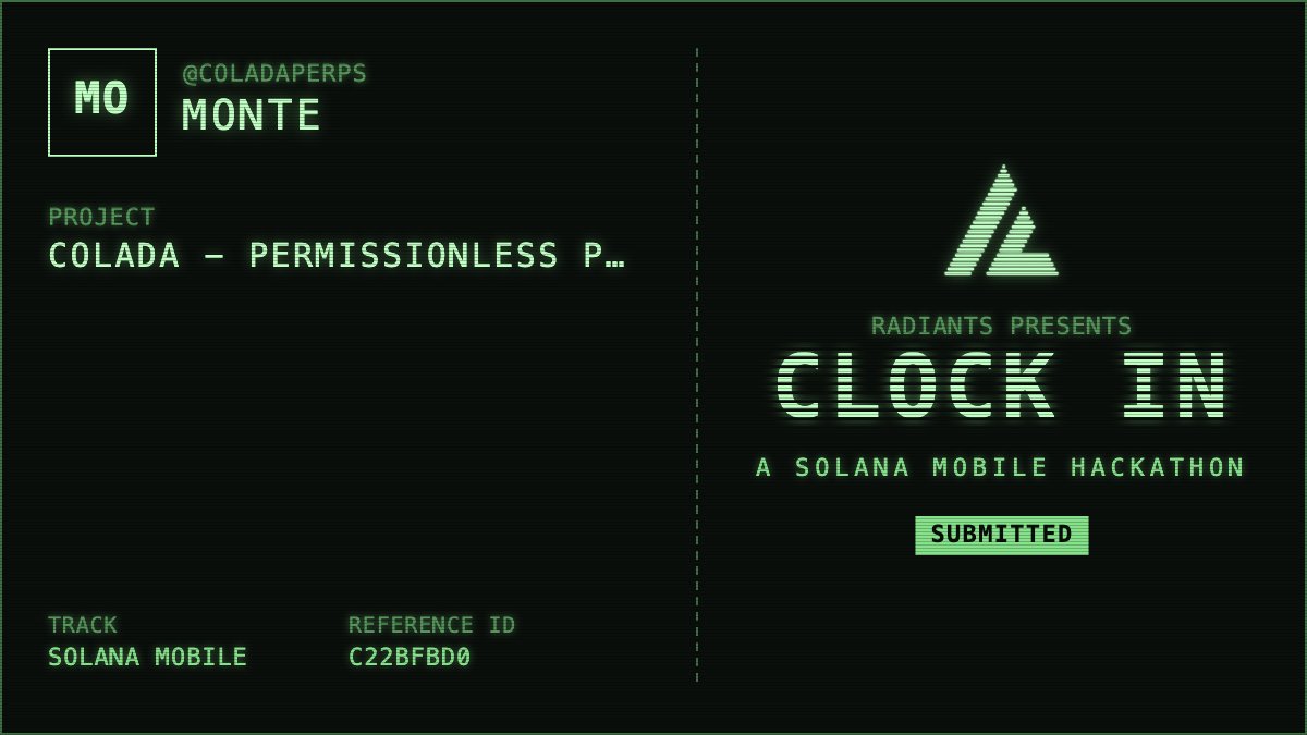 ColadaPerps's tweet photo. We clocked in!

Colada Mobile is officially submitted.

The permissionless perp factory is coming to Seeker. More to share this week. https://t.co/NeG5RXBwGJ