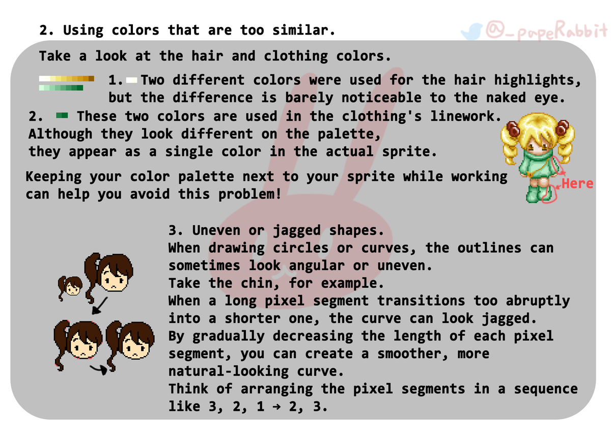 _papeRabbit's tweet photo. From my pixel art tutorial: common mistakes, fixes, and before/after examples.

I offer professional pixel art &amp; game art feedback on Fiverr.

26 years in pixel art | 10+ years in art direction.
https://t.co/q6rOiDTVNh

#pixelart #gamedev https://t.co/BYG2eQxZhN