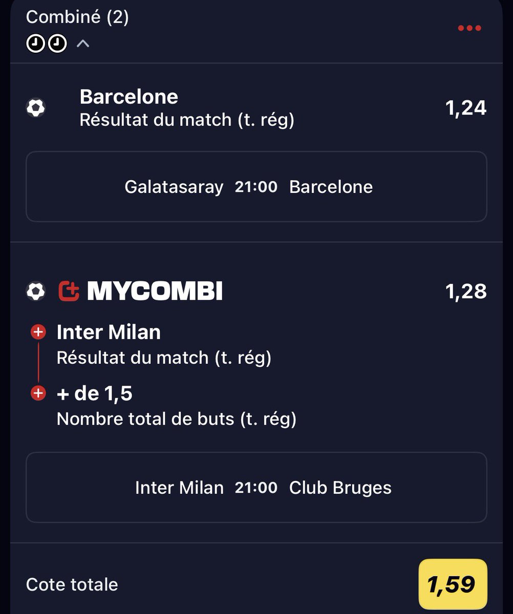 ProMontante1's tweet photo. 🌟 MONTANTE X10 PALIER 1
🎯 Barcelone + Inter &amp; +1.5 buts 
💰 100€ 👉 159€

✏️ Simple efficace pour ce palier 1, deux équipes en forme et nettement supérieures! 

🚀 Fun 8.11 ldc en plus 
#TeamParieur https://t.co/fWC3Dgn9rY