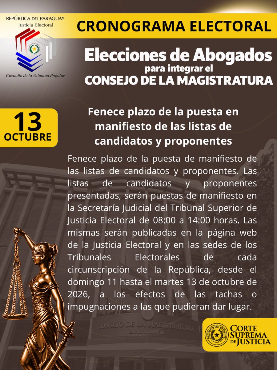 TSJE_Py's tweet photo. 🗓️ En el marco del Cronograma Electoral, este 13 de octubre vence el plazo de la puesta de manifiesto de las listas de candidatos y proponentes, correspondiente a las Elecciones de Abogados para integrar el Consejo de la Magistratura.

#EleccionesConsejodelaMagistratura https://t.co/B5lSQwphCI