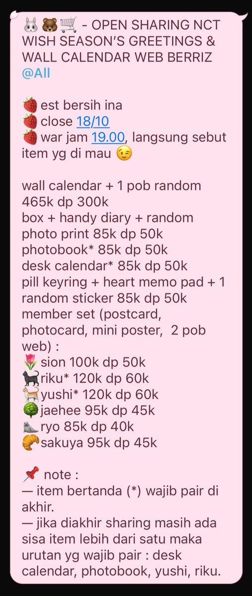 dongdongcart_'s tweet photo. ada yang berminat ikut war sharing seasong greeting nct wish di GO kah? war malam ini jam 19.00. detail ada di foto.

ada go line dom surabaya.
link go ada di reply 😉
#wishsell https://t.co/oyHol4CxqC