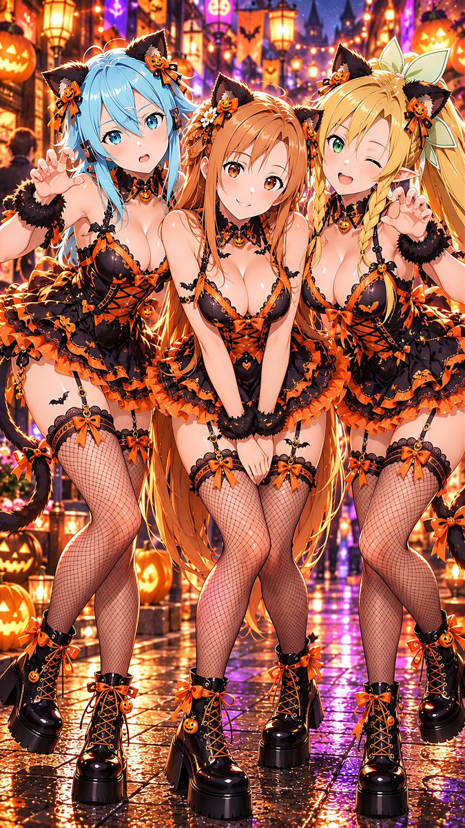 4XwYlcAfyc22328's tweet photo. 【黒猫ハロウィンの3人から可愛くおねだり🌸】

アスナ「みんな、私のこといっぱい可愛がって？……にゃん❤️」
シノン「……ばか。そんなに見つめられたら、噛みついちゃうにゃん……」
リーファ「みんなー！今夜は3人でキミを絶対に離さないんだにゃんっ❤️」
#SAO
#アスナ #シノン #リーファ https://t.co/q4IQm84726
