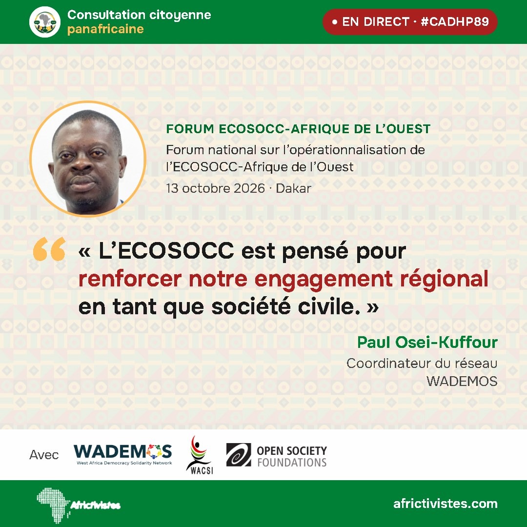 AFRICTIVISTES's tweet photo. Passer d’une « CEDEAO des États » à une « CEDEAO des peuples » : pour le coordinateur du réseau WADEMOS, c’est le sens de l’ECOSOCC. Avec le Sénégal à la présidence de la CEDEAO et à la tête de sa Commission, le moment est stratégique.

#CADHP89 #AfricTivistes #CEDEAO #ECOSOCC #ACHPR89

--------------------------------------------------------------------------

Moving from an “ECOWAS of States” to an “ECOWAS of the people”: for the Coordinator of the WADEMOS network, that is what ECOSOCC is about. With Senegal chairing ECOWAS and leading its Commission, this is a strategic moment.

#ACHPR89 #CADHP89 #AfricTivistes #ECOWAS #ECOSOCC #ACHPR89