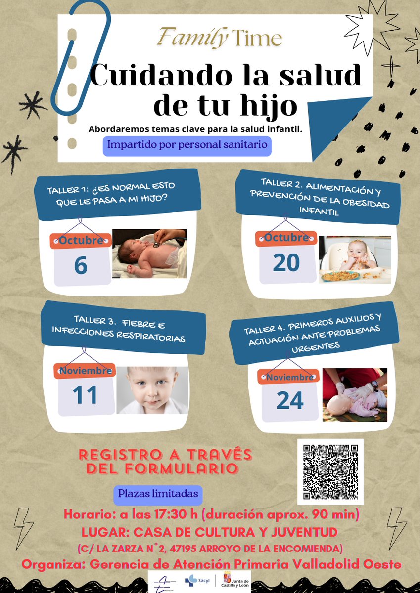 Salud_JCYL's tweet photo. 👶 El Servicio de Pediatría del Centro de Salud Pisuerga, del Área de Salud Valladolid Oeste, organiza varios talleres sobre #SaludInfantil en Arroyo de la Encomienda
📅 20 oct. | 11 y 24 nov.
🕠 17:30 h
📲 Inscripción mediante el QR del cartel. Plazas limitadas.
#Sacyl https://t.co/VIHBeKS5Hl
