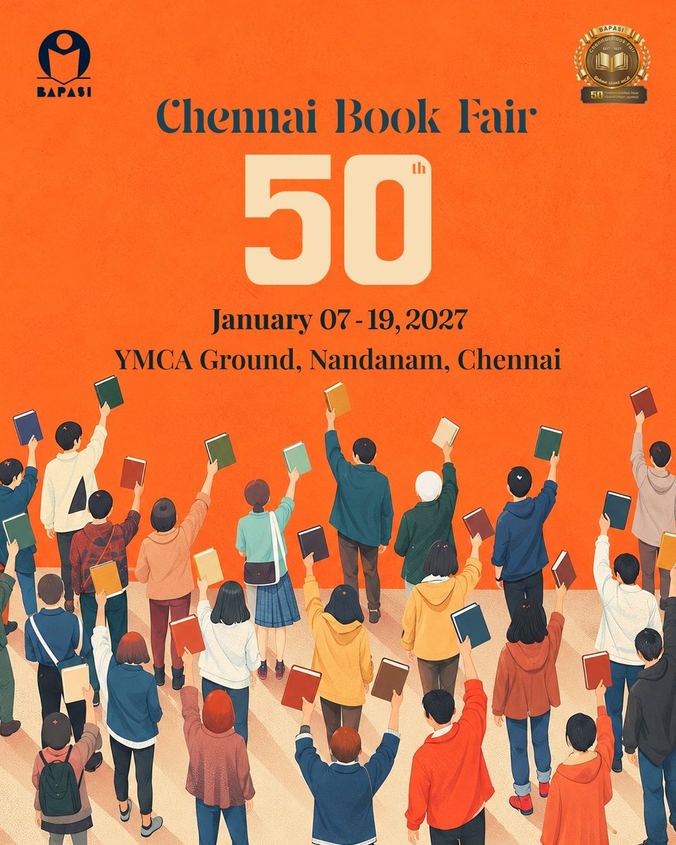 bapasichennai's tweet photo. Golden Jubilee  Chennai Book Fair - January 2027

#GoldenJubileeBookFair #BAPASI #50thChennaiBookFair  #ChennaiBookFair #GoldenJubileeYear #CBF50 #CBFJanuary2027 https://t.co/BTOJpQx58x