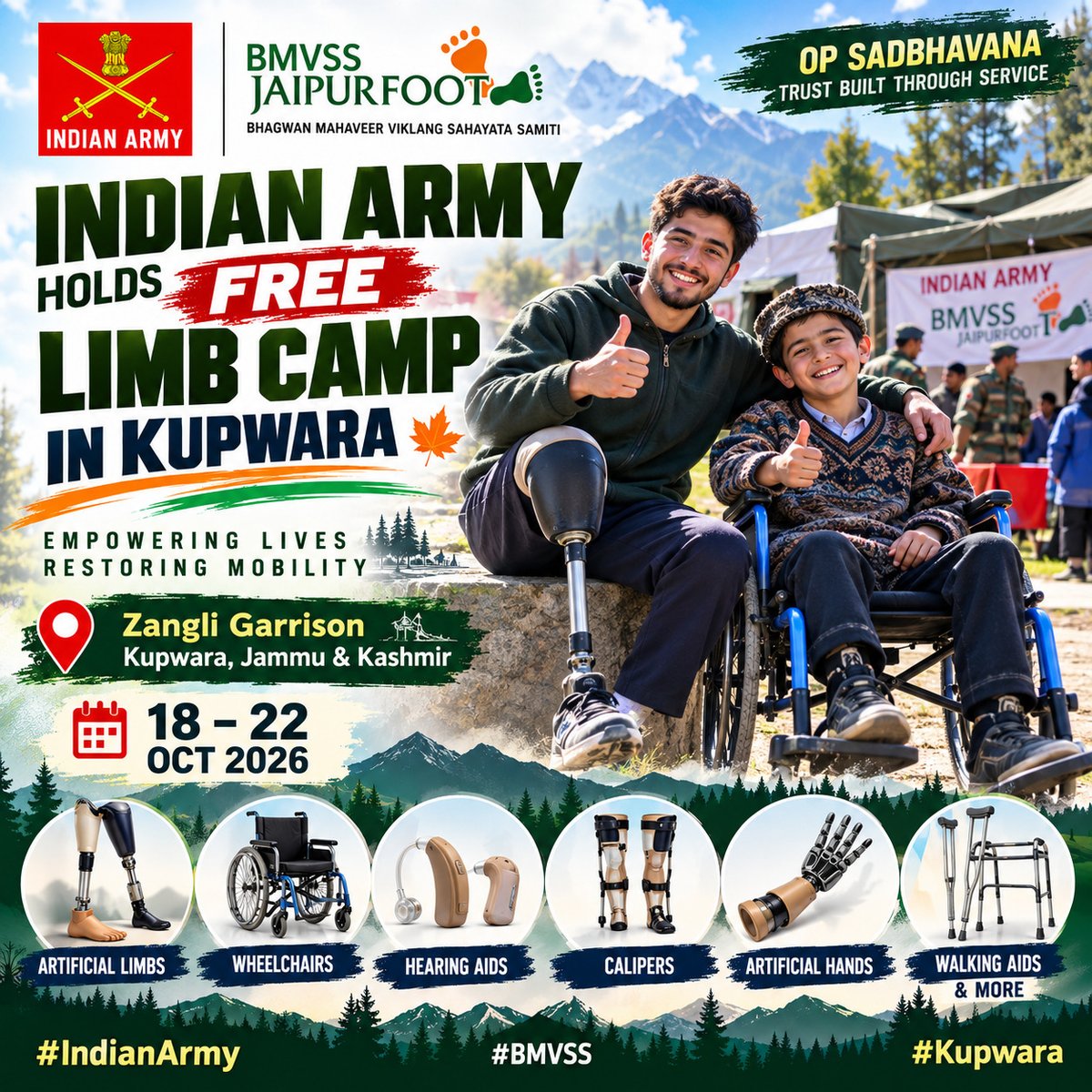 Abdulmir98's tweet photo. Under Op Sadbhavana, the Indian Army & BMVSS are organizing a Free Artificial Limb Camp in Kupwara, J&K. Zangli Garrison, Kupwara
18–22 Oct 2026 Empowering lives & restoring mobility!
#IndianArmy #BMVSS #Kupwara https://t.co/p6rOx0DLeP