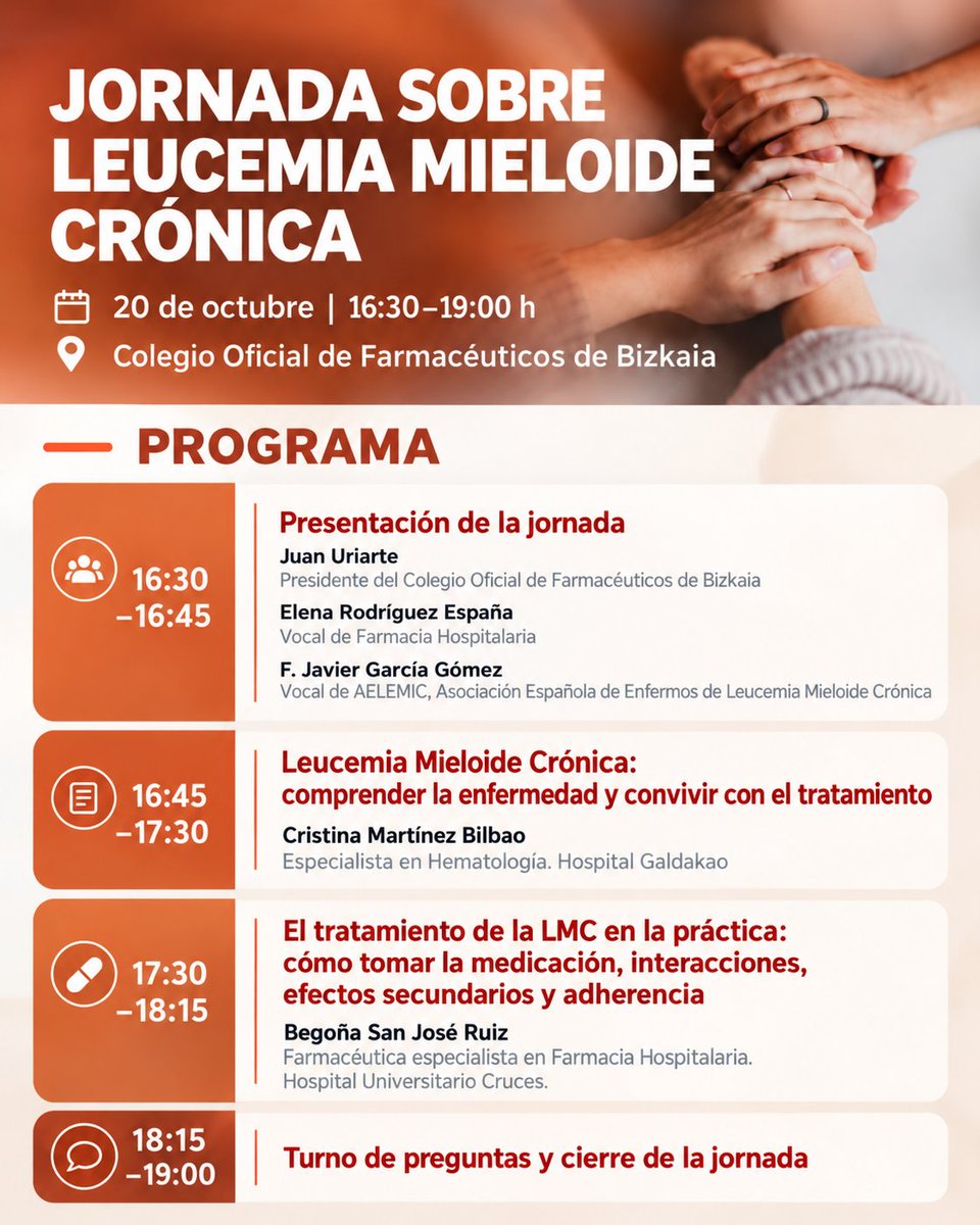 Helenro77's tweet photo. 🩸 ¿Cómo convivir con la leucemia mieloide crónica?

📅 20 de octubre | 16:30 h
Jornada para pacientes y profesionales en la que hablaremos de la enfermedad, el tratamiento, sus efectos secundarios.

📍 COFBi

¡Inscríbete! 👇

#LeucemiaMieloideCrónica #LMC #Pacientes https://t.co/rFPh5lOdkm