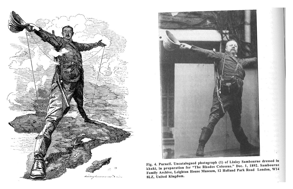 kamilkazani's tweet photo. You've certainly seen the caricature on the left, the Rhodes Colossus (1892), where the personification of British imperialism is stepping from Cairo to Cape Town

And that is how it was produced: based on a photo. The chief caricaturist of the Punch, Sambourne, served as a model https://t.co/2F62G7F6mD