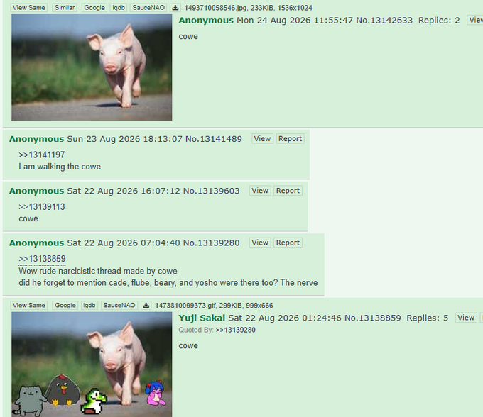 s4ndeer's tweet photo. cowe the pig just became the #1 meme on 4chan

literally the new doge, finally run cowecoin
https://t.co/KtRRa4GLgP

like 60 pages full of threads at the bottom, click "view" to see posts: https://t.co/cuGEEFgMQT https://t.co/ywbqzPh3ld