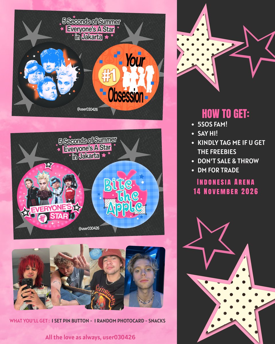 user030426's tweet photo. ✮⋆˙ Freebies 5 Seconds of Summer ‘Everyone's A Star’ in Jakarta ˙⋆✮
by @user030426 ─ .✦

📍Indonesia Arena
📆 14 November 2026
⏰ TBA

tnc to get the freebies
★ rt &amp; like
★ don't sell &amp; tag me if you get it
★ dm for trade

#5SOSinJakarta #EASJakarta #5SOS https://t.co/y3DNuNo6ay