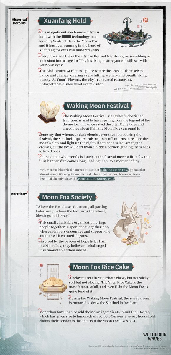 Wuthering_Waves's tweet photo. Post-Lament Anthropocene: Comprehensive Mirror for Historians — Records of the Huanglong Sentinels
Members of the Pioneer Association compiled these notes on the Sentinels on their own initiative, gathering the local chronicles, anecdotes, and folk legends that can still be traced, in the hope of recording and piecing together the Sentinels' past deeds as fully as possible.
These records contain some speculative conclusions that remain unverified and may require further information to confirm or clarify.

#WutheringWaves