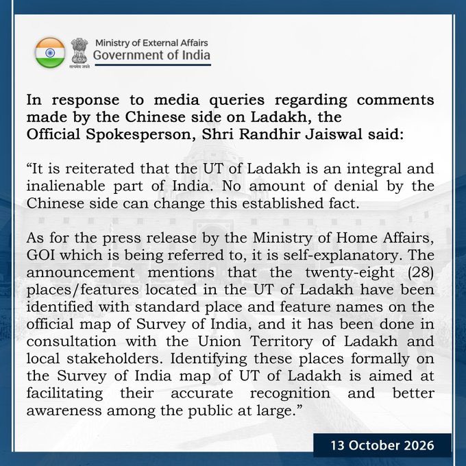AdityaRajKaul's tweet photo. #BREAKING: India hits back at China’s provocation on Ladakh. 

“It is reiterated that the UT of Ladakh is an integral and inalienable part of India. No amount of denial by the Chinese side can change this established fact.” https://t.co/avLsP36Eqf