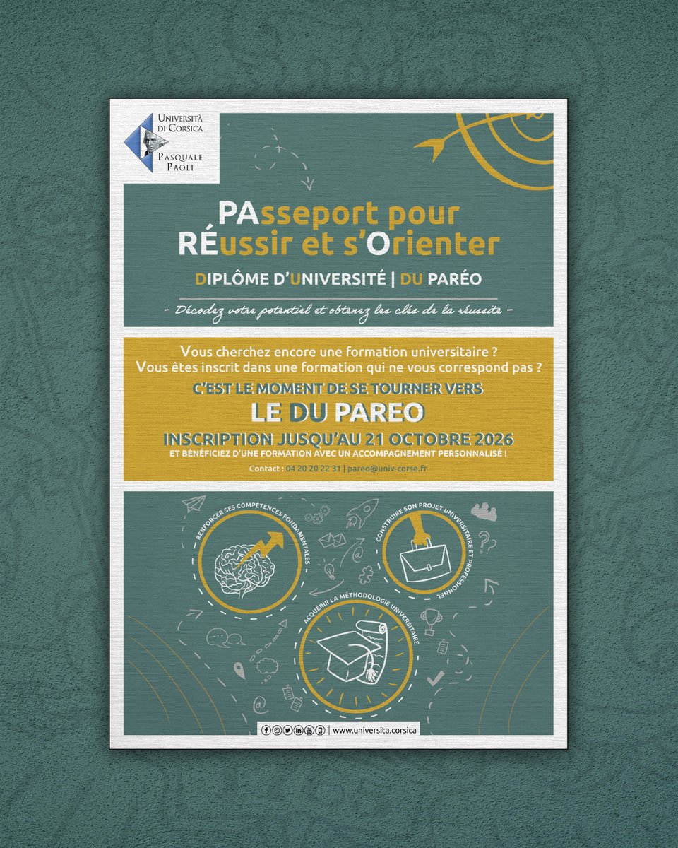 UnivCorse's tweet photo. 🎓 Vous êtes encore à la recherche d’une formation universitaire ou vous souhaitez vous réorienter ?

Le DU PAREO vous accompagne pour construire votre projet d’études !

📅 Rentrée le 3 novembre 2026
📩 Candidatures ouvertes jusqu’au 21/10

ℹ️ ↘️
https://t.co/x6ISmX1OC0 https://t.co/8MrjXIlf1N