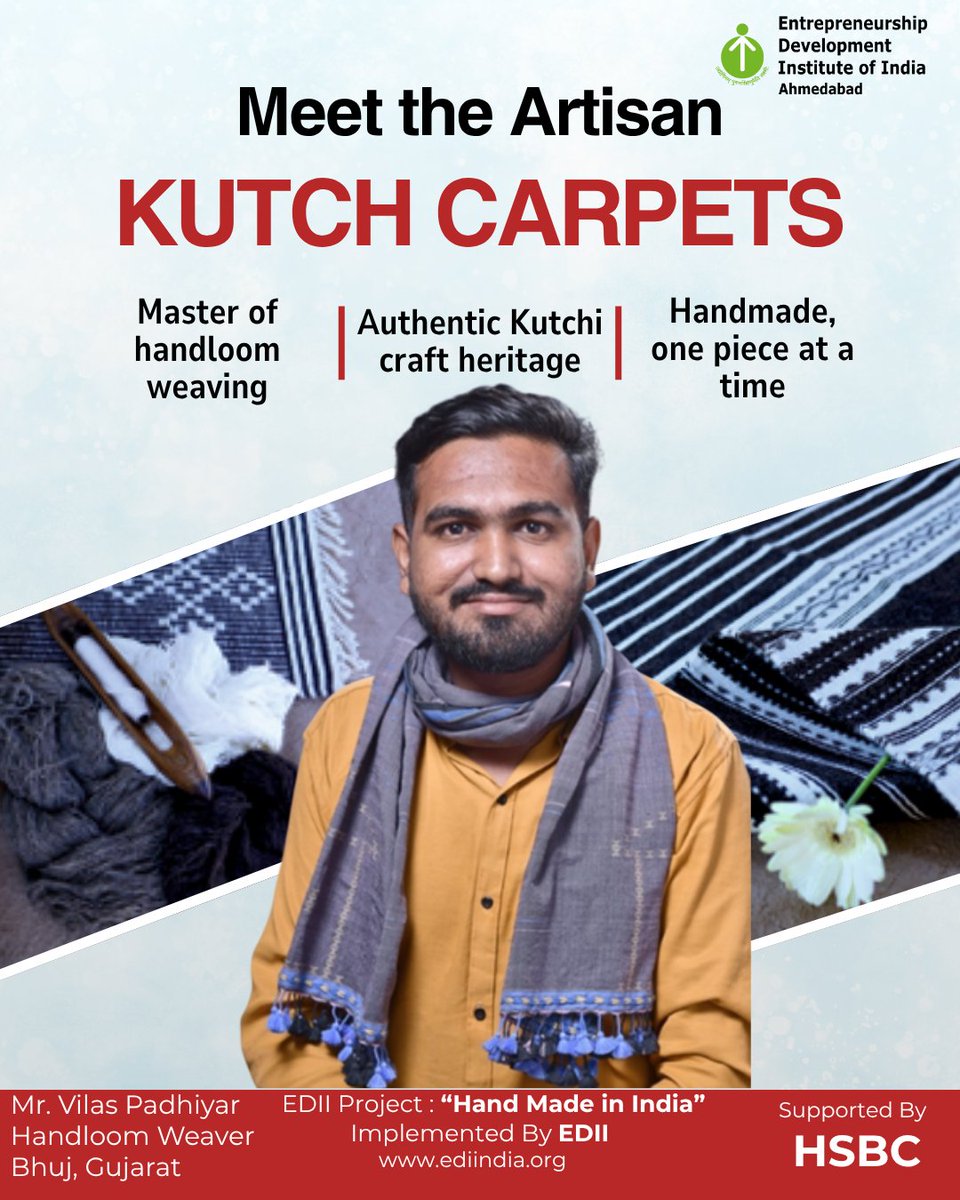 edii_sro's tweet photo. Meet Mr. Vilas Padhiyar, a handloom weaver from Kutch, Gujarat, carrying forward the age-old legacy of Kutch carpet weaving and preserving India’s rich craft heritage. 
#HandMadeInIndia #HMI #EDII #EDIISRO #KutchCarpets #HSBCIndia #ediiahmedabad https://t.co/zfWyX1fe6l
