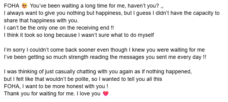 woognki's tweet photo. woongki shared this heartfelt message through dms 🥺

woongki i love you. hope you feel better now after taking a break from things. we'll always be there waiting for you 💗 https://t.co/hTuthUbr5q