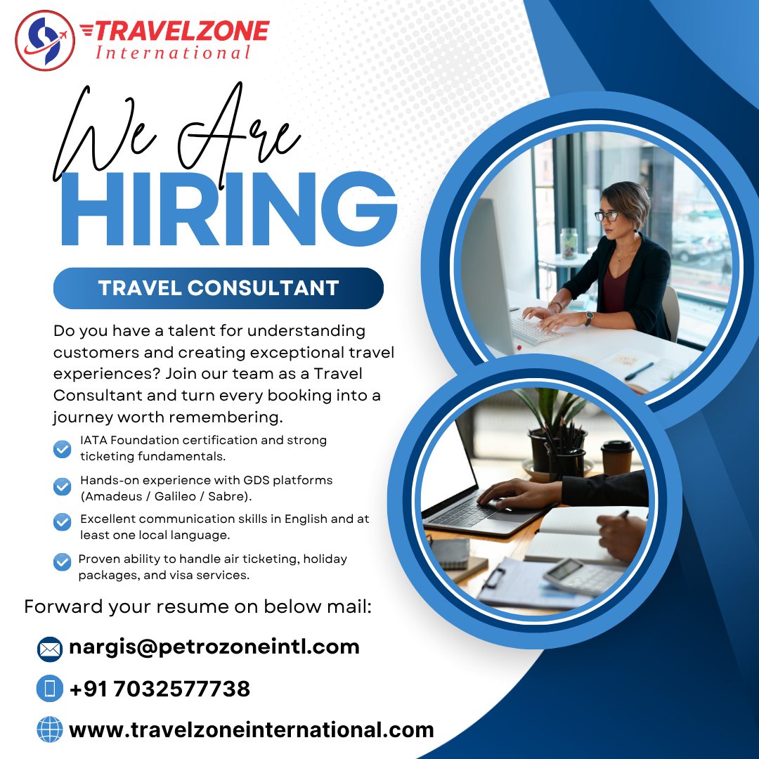 guisilva28's tweet photo. Join Travelzone International as a Travel Consultant. Bring your GDS, ticketing, holiday package and visa expertise to create unforgettable journeys. Requirements: IATA Foundation, Amadeus/Galileo/Sabre experience, and strong English and https://t.co/cK8obKJqF7