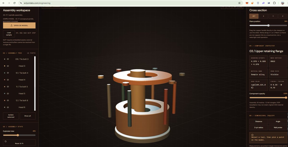 Eclyonlabs's tweet photo. A fully interactive 3D engineering workspace inside ECLYON LABS.

18-part mechanical assemblies, exploded views, cross-sections, component inspection, and precision measurement tools.

You can explore, inspect, and work with 3D mechanical models directly in your browser.

This isn't just generating images or writing code anymore. AI is starting to build real engineering tools.

https://t.co/U2az6Y5poc
