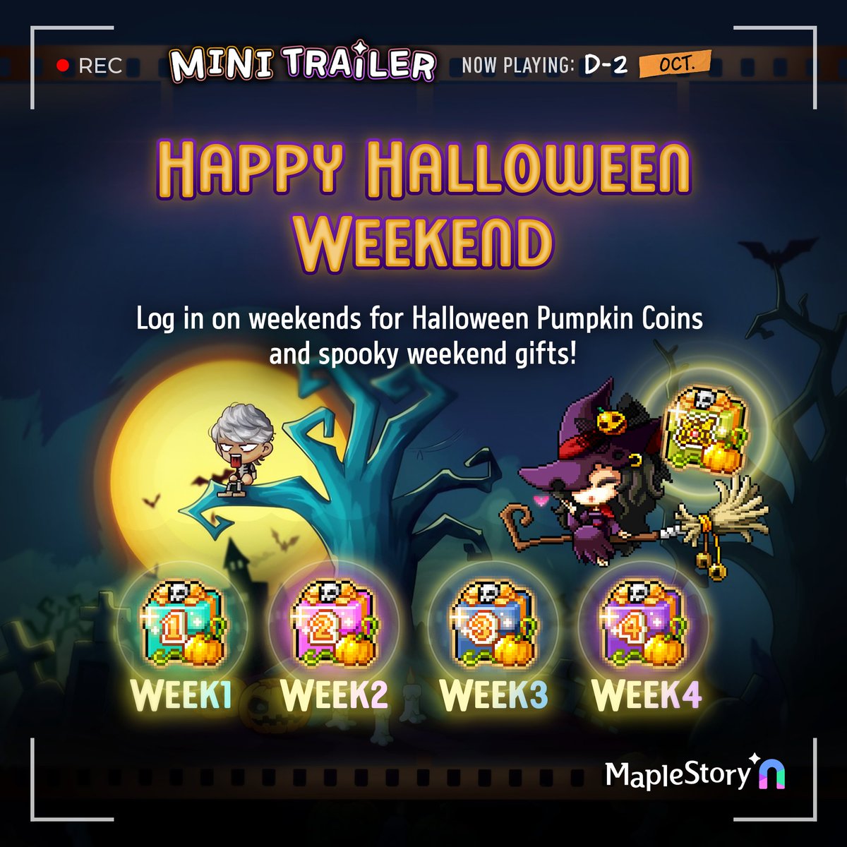 MaplestoryU's tweet photo. D-2! Grab your crew, Halloween is almost here! 🎃

✦ Hallowkitty's Candy Party: Sit on a Trick or Treat Chair, share candy, and hunt for pumpkins.
✦ Happy Halloween Weekend: Log in and claim your weekend treats!

Who's joining you for Halloween? Tag them below! 👇 https://t.co/XyOhLBA94C