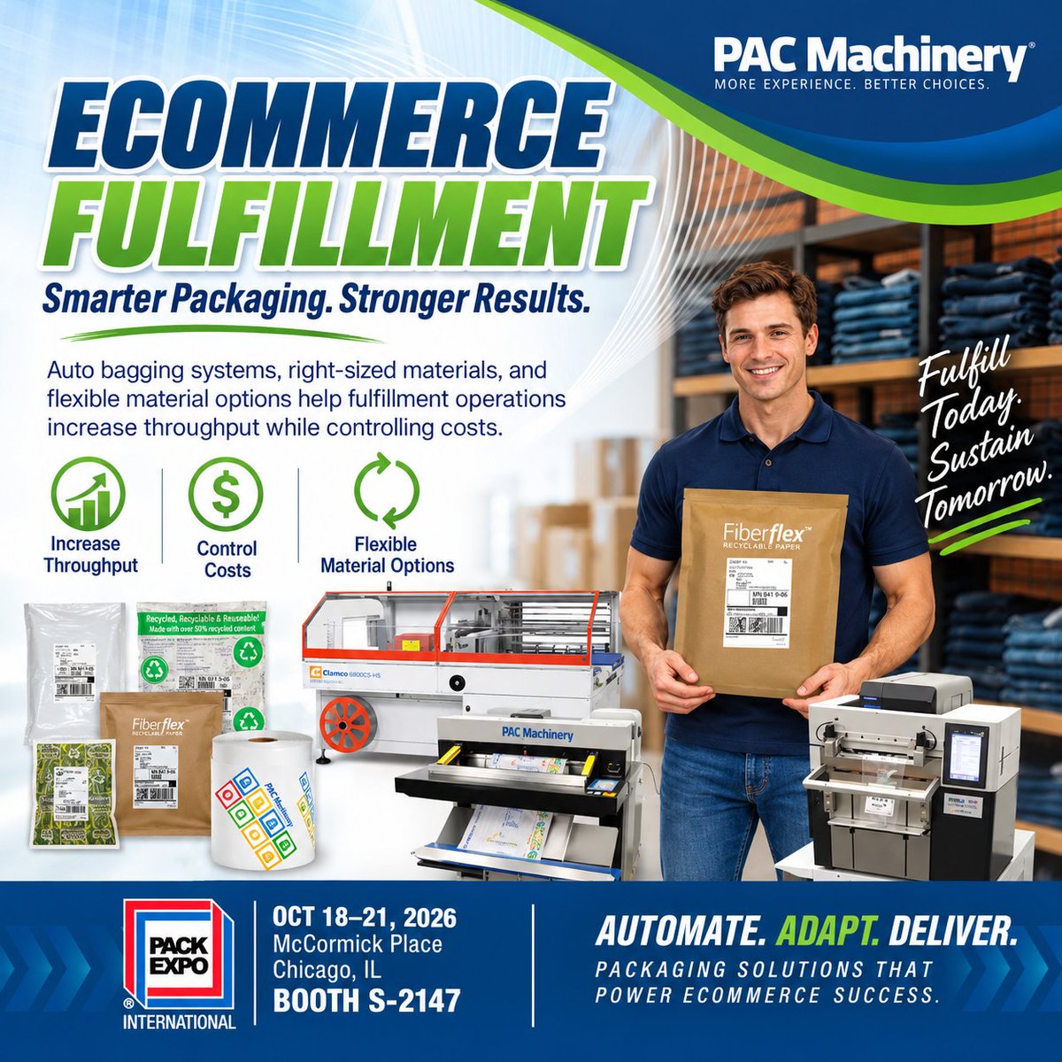 Pac_Machinery's tweet photo. PAC helps #fulfillment operations increase throughput, control costs & choose flexible #packaging — from auto bagging systems & right-sized poly tubing to curbside-recyclable paper - see our #ecommerce #fulfillmentpackaging at #PACKEXPO https://t.co/EOURISCyhQ https://t.co/rUmJfeCRkX