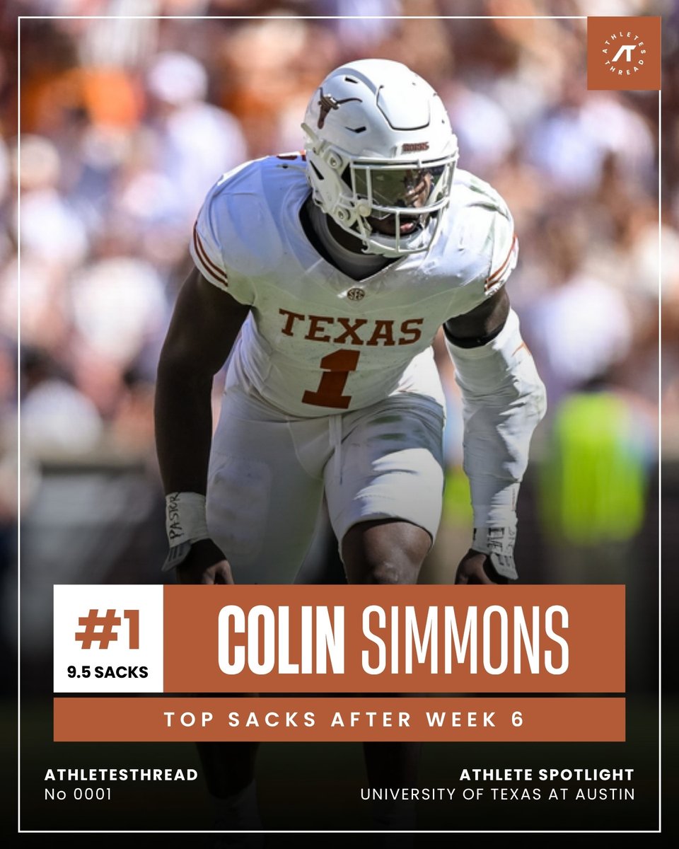 TexasThreadsNIL's tweet photo. 🚨 COLIN SIMMONS IS DOMINATING! 🤘🔥

#1 in sacks after Week 6 with 9.5! 😤💥

🛒 Shop Colin Simmons’ NIL collection and rep Texas Longhorns! 🧡🤘
https://t.co/0vtsFbuGW8 https://t.co/LAj9arXJVw