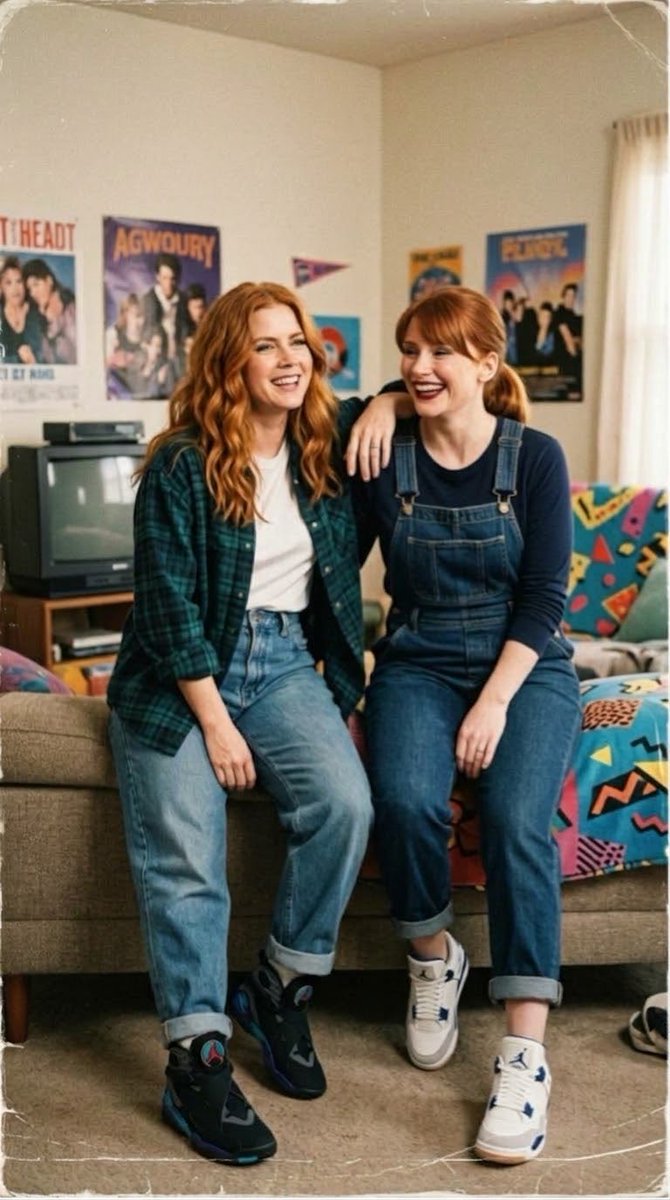 Rum1Ham's tweet photo. Bryce Dallas Howard wearing Air Jordan’s 4 SB Navy Blue 2025 &amp; Amy Adam’s wearing Air Jordan’s 8 Aqua 2025. https://t.co/mO6WZOic61