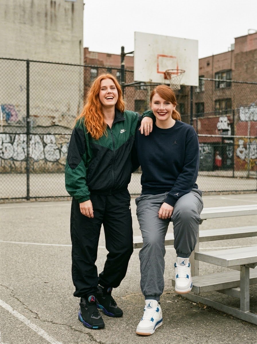 Rum1Ham's tweet photo. Bryce Dallas Howard wearing Air Jordan’s 4 SB Navy Blue 2025 &amp; Amy Adam’s wearing Air Jordan’s 8 Aqua 2025. https://t.co/mO6WZOic61