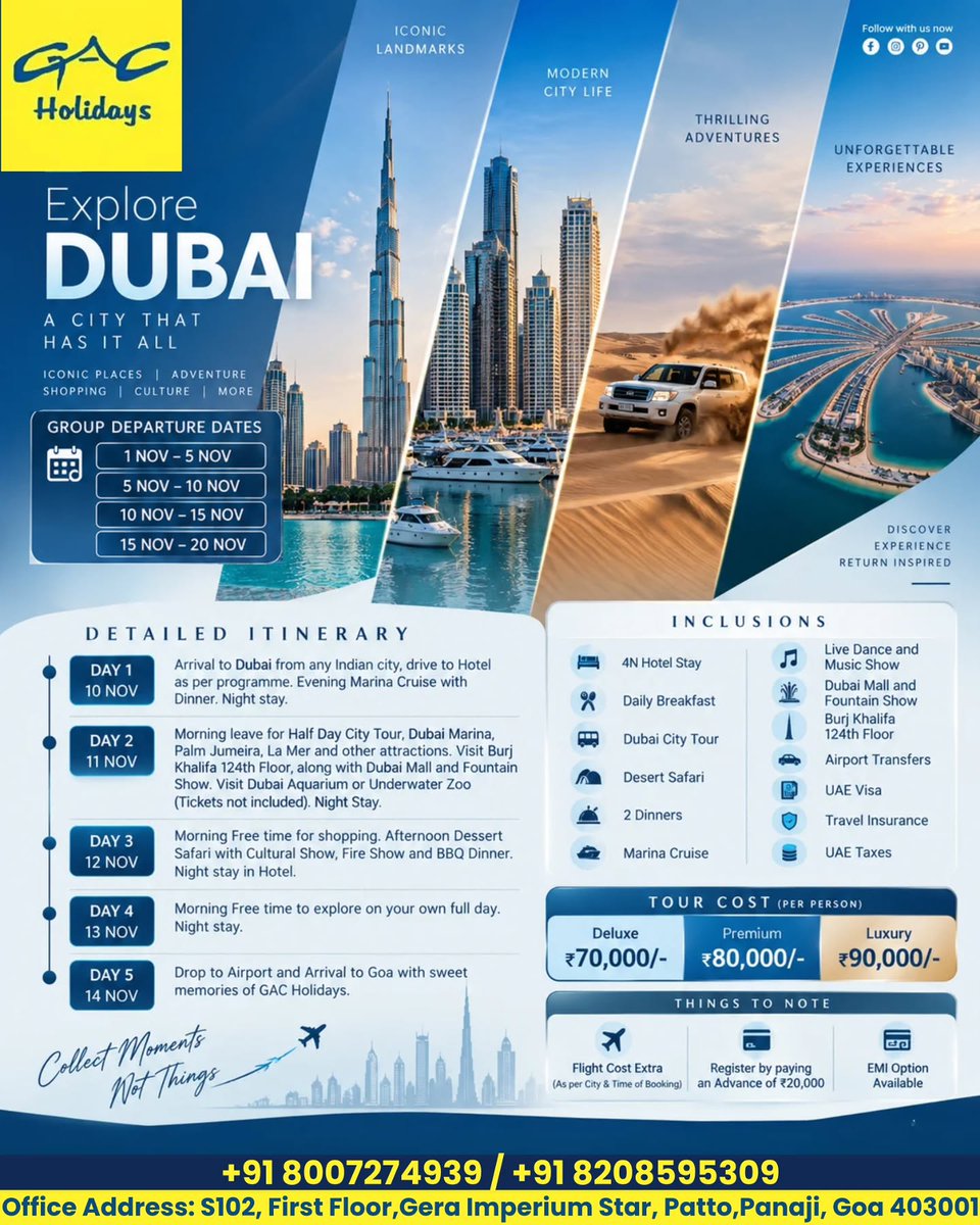 RomiRivera2's tweet photo. Dubai is calling. Enjoy 5 days with Burj Khalifa views, desert safari with BBQ dinner, Marina cruise and Dubai Mall Fountain Show. Visa, insurance, transfers and breakfast included. Departures: 1, 5, 10, 15 Nov. From ₹70, 000 pp. https://t.co/X9n3FWbRHn