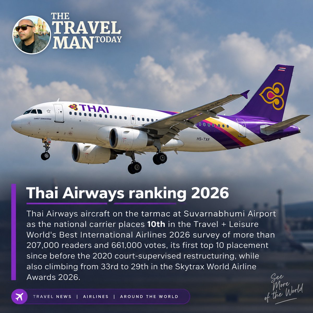 ramazanarslan3's tweet photo. Thai Airways returns to the global top 10, ranking 10th in Travel + Leisure’s 2026 international airline survey. The national carrier also rose from 33rd to 29th in the Skytrax World Airline Awards. Have you flown Thai Airways? https://t.co/5gK3Ntbluc