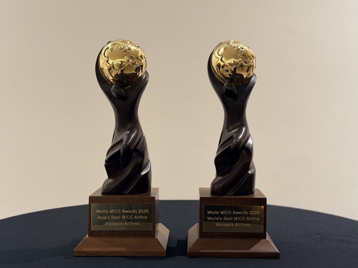 MAS's tweet photo. A proud moment for Malaysia Airlines on the world stage. 🏆

Malaysia Airlines is deeply honoured to be named World’s Best MICE (Meetings, Incentives, Conferences and Exhibitions) Airline 2026 and Asia’s Best MICE Airline 2026 at the prestigious World MICE Awards 2026 in Jamaica. 🇲🇾

Recognising excellence in the global MICE industry, these awards celebrate organisations that continue to set the standard for business events and group travel worldwide.

To be recognised among the world's leading airlines is an incredible honour, and one that holds special meaning for Malaysia Airlines. Beyond the awards themselves, this achievement reflects the dedication of our people, the strength of our partnerships and the trust of guests who continue to choose us to bring people and businesses together.

From corporate meetings and incentive trips to conferences and exhibitions, our tailored MICE and marine travel solutions offer seamless group travel, flexible arrangements and dedicated support, connecting businesses and travellers to over 70 destinations worldwide. Discover more about our travel solutions at https://t.co/W0jebbYA5E

Two prestigious awards, one proud moment for Malaysia. Here's to carrying Malaysian Hospitality even further on the world stage. 💙🇲🇾

#MalaysiaAirlines #YourGatewayToAsiaAndBeyond #MalaysianHospitality #WorldMICEAwards #WorldCruiseAwards #WorldTravelTechAwards