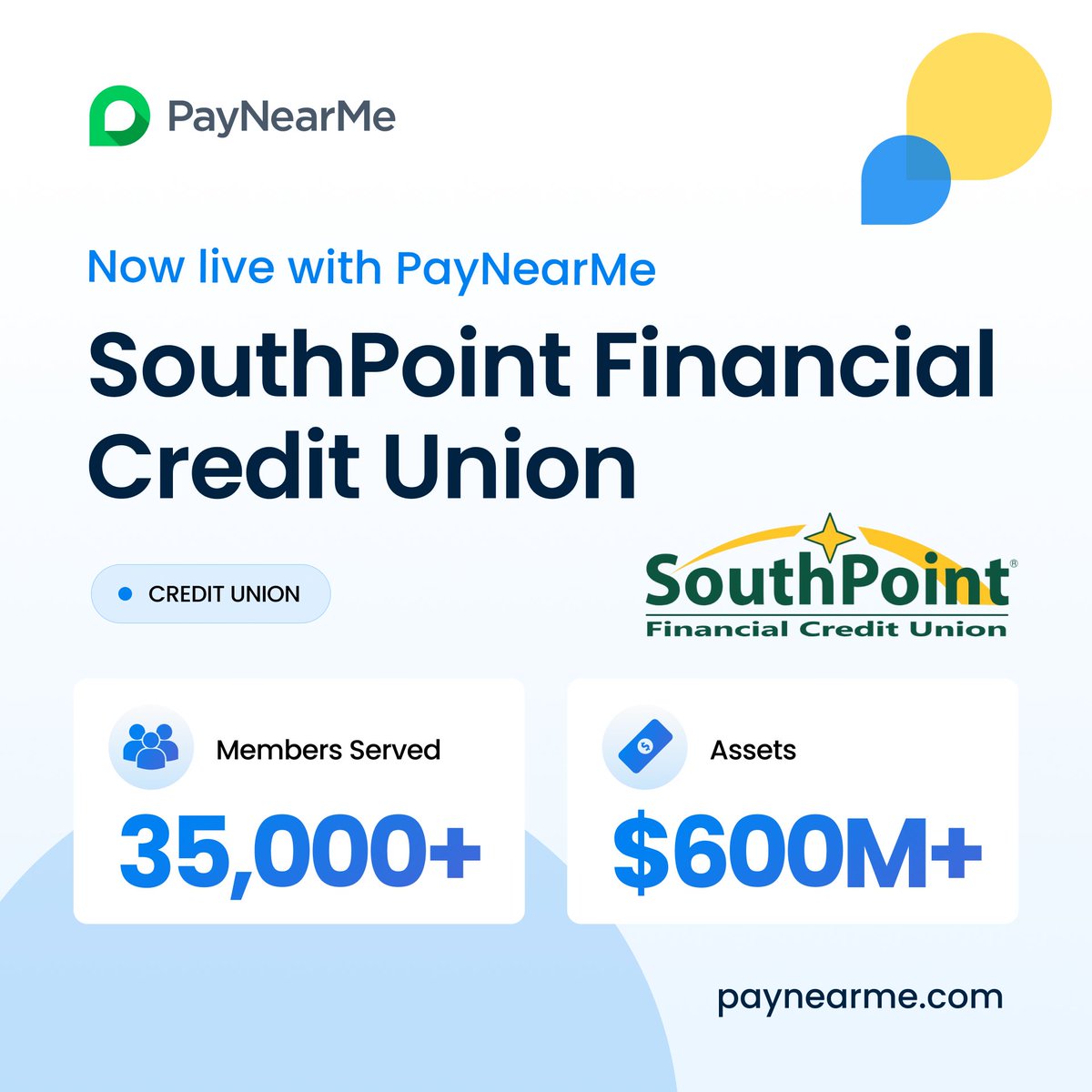 PayNearMe's tweet photo. We’re excited to announce that SouthPoint Financial Credit Union is now live with PayNearMe, the modern platform for Payment Experience Management!

We’re excited for what’s ahead and look forward to our continued partnership. 🚀

#payments #creditunions #fintech https://t.co/nLW6FFpyDS