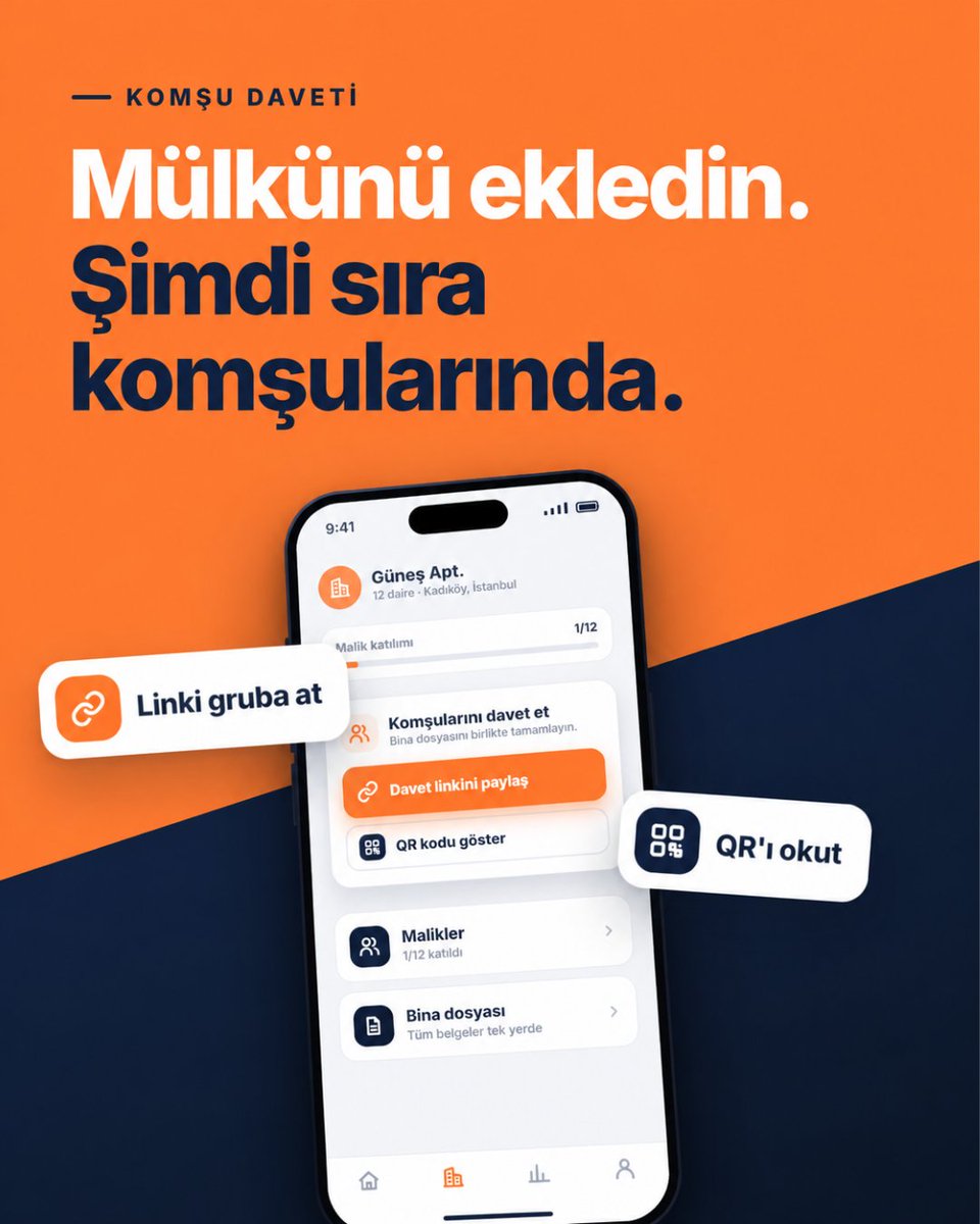 360donusum's tweet photo. Mülkünüzü eklediniz. Şimdi sıra komşularınızda.
Komşularınızı davet edin, aynı bina dosyasında birlikte ilerleyin.
Davet linkini WhatsApp grubuna gönderin ya da QR kodu okutun.
Süreç herkes katıldıkça daha düzenli ve daha şeffaf ilerlesin.
Komşularını davet et.
#360Dönüşüm #KentselDönüşüm #MülkSahibi #KatMalikleri #ApartmanYönetimi #BinaDosyası #DijitalDönüşüm #Komşular #Gayrimenkul #KentselDönüşümSüreci