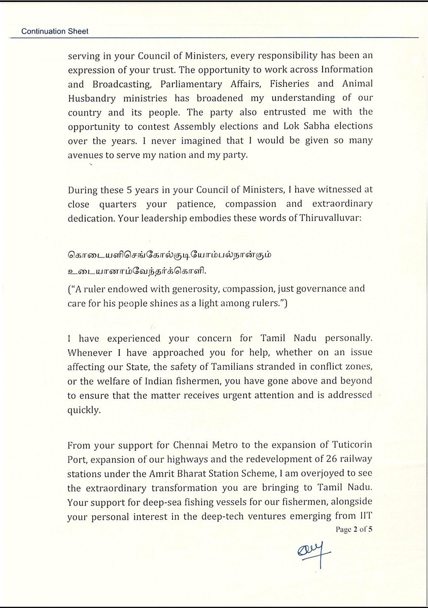 DrLMurugan's tweet photo. It has been the greatest honour of my life to serve Bharat Mata and Tamil Nadu under the leadership of Hon’ble Prime Minister Shri @narendramodi Ji.

From the son of daily wage labourers to serving in the Union Council of Ministers under the leadership of Hon’ble PM Shri @narendramodi Ji has been the greatest privilege of my life.

Now, I wish to return to the grassroots, stand with our karyakartas and dedicate myself full-time to strengthening the BJP in Tamil Nadu ahead of the 2029 Lok Sabha elections.

Nation First. Party Next. Self Last. 🙏🇮🇳

@NitinNabin @blsanthosh