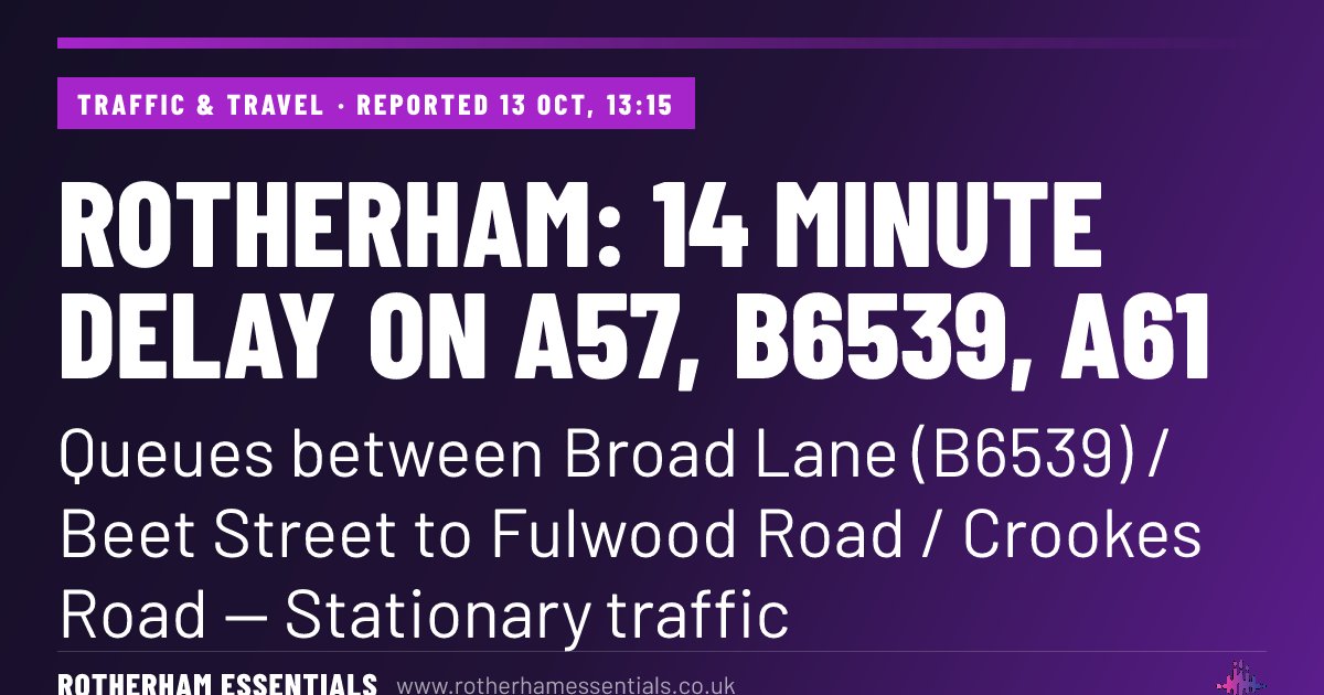 SYEssentials's tweet photo. ๐ Rotherham Essentials Traffic Alert: Traffic: Delays of 14 minutes on A57, B6539, A61 โ Broad Lane (B6539) / Beet Street to Fulwood Road / Crookes Road โ Stationary traffic. Reported at 13 October 2026 13:15.โฆ
#Rotherham #TrafficAndTravel #SouthYorkshire #RotherhamEssentials https://t.co/G2nOAUHGch