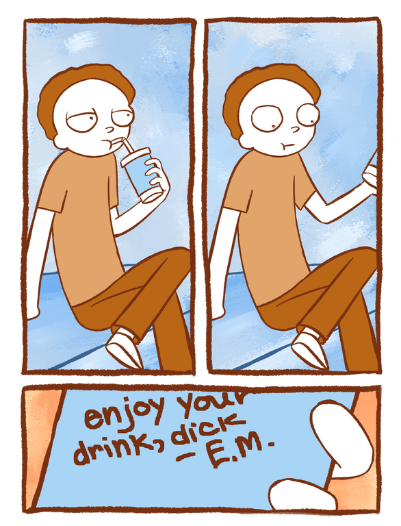 evilmortyharem's tweet photo. ( pemorty | morty prime x evil morty )

please don't whoop my ass for how terrible this looks
i've never done comics before, and i think you can tell https://t.co/3EUUviI2p0
