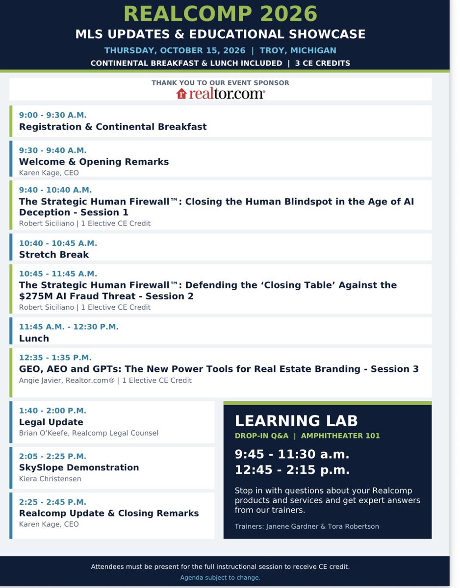 Realcompmls's tweet photo. ⏰ Two days away! Earn 3 CE credits at Realcomp’s Educational Showcase! Cybersecurity, fraud prevention, AI, legal &amp; MLS updates—plus food &amp; networking.

📅 Oct. 15 | 📍 Troy
Open to all Michigan REALTORS®!

Register: https://t.co/W0wmqwTZRV

#realcomp https://t.co/MIPWnqtONo