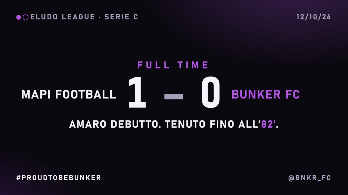 BNKR_FC's tweet photo. 🟣⚫️ FULL TIME | MAPI Football 1-0 BUNKER FC

Amaro debutto in @eLUDO_League: abbiamo tenuto fino all'82', poi una ribattuta in area ci punisce.

Sotto il racconto del match 👇🏻

#ProudToBeBunker https://t.co/sbi4Qygprr