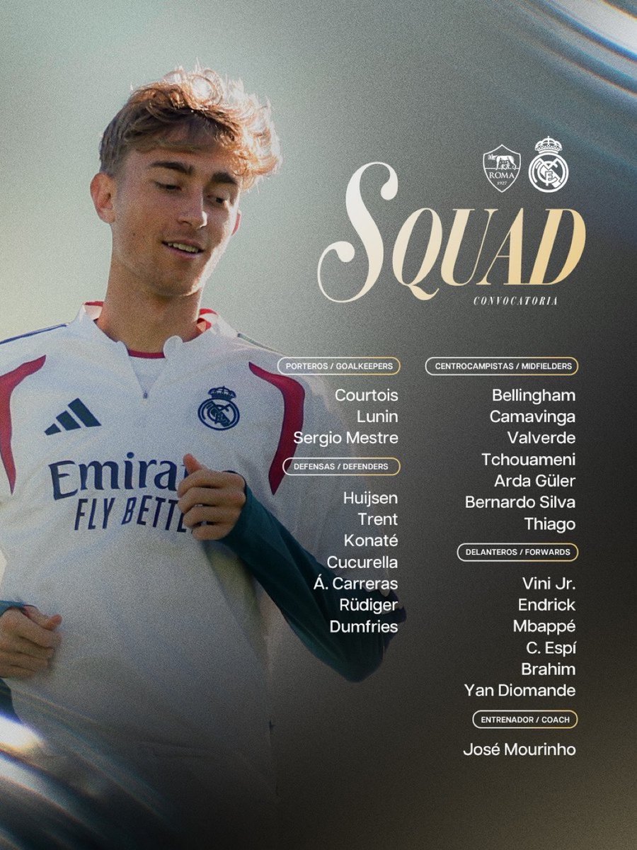 TouchlineX's tweet photo. 🚨 𝗢𝗙𝗙𝗜𝗖𝗜𝗔𝗟: Real Madrid's squad list against Roma in the Champions League tomorrow night.

Jose Mourinho's men will be flying to Rome later this afternoon. https://t.co/Kmh33Nh1u5